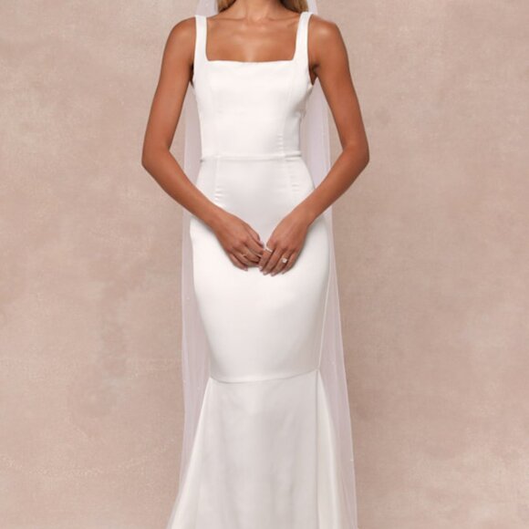 Lulus Luxe Loveliness White Satin Backless Mermaid Maxi Dress - Size L - Picture 1 of 1